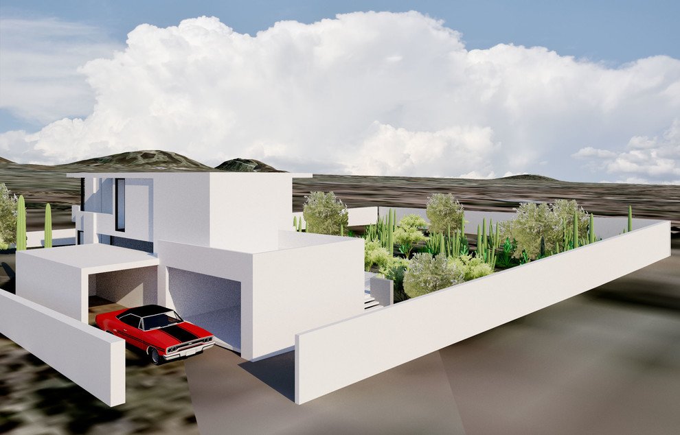 Источник вдохновения для домашнего уюта: двухэтажный, белый дом среднего размера в стиле модернизм с облицовкой из цементной штукатурки и плоской крышей