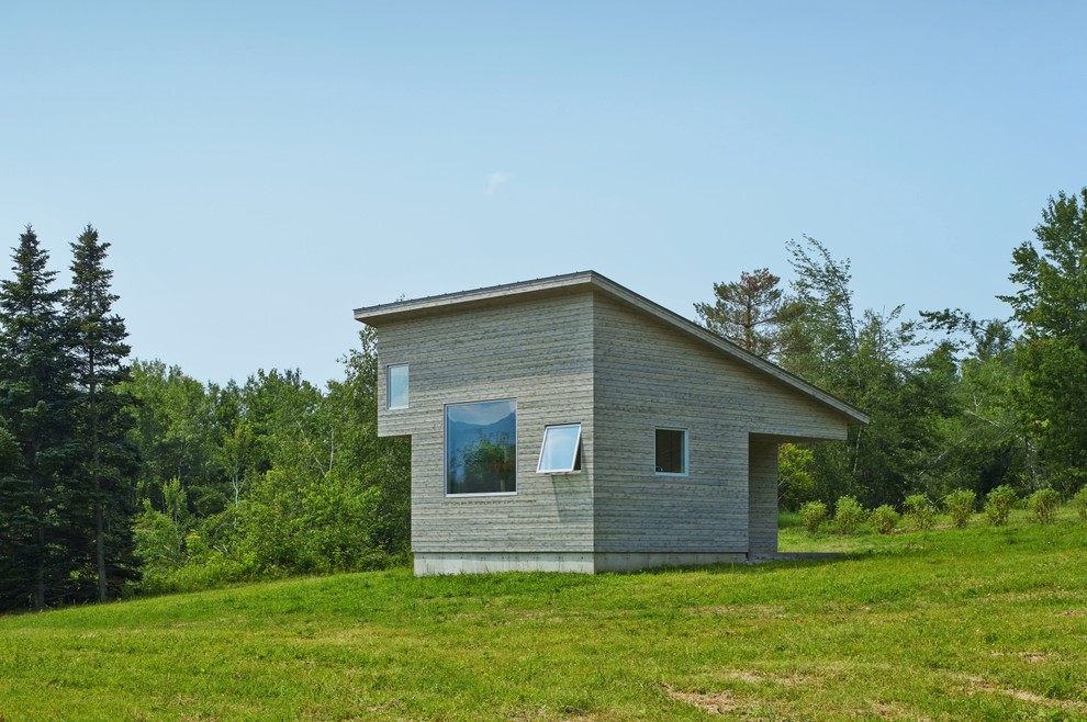 Foto della casa con tetto a falda unica piccolo grigio moderno a un piano con rivestimento in legno
