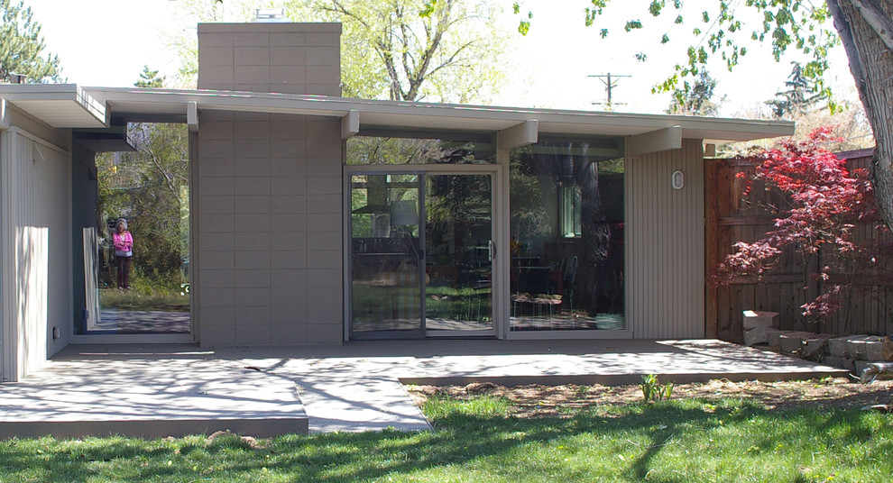 Пример оригинального дизайна: одноэтажный, серый частный загородный дом среднего размера в стиле ретро с комбинированной облицовкой и односкатной крышей