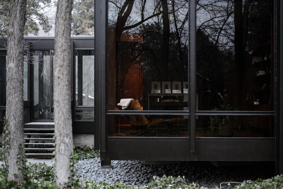Источник вдохновения для домашнего уюта: двухэтажный, стеклянный, черный дом в современном стиле с плоской крышей