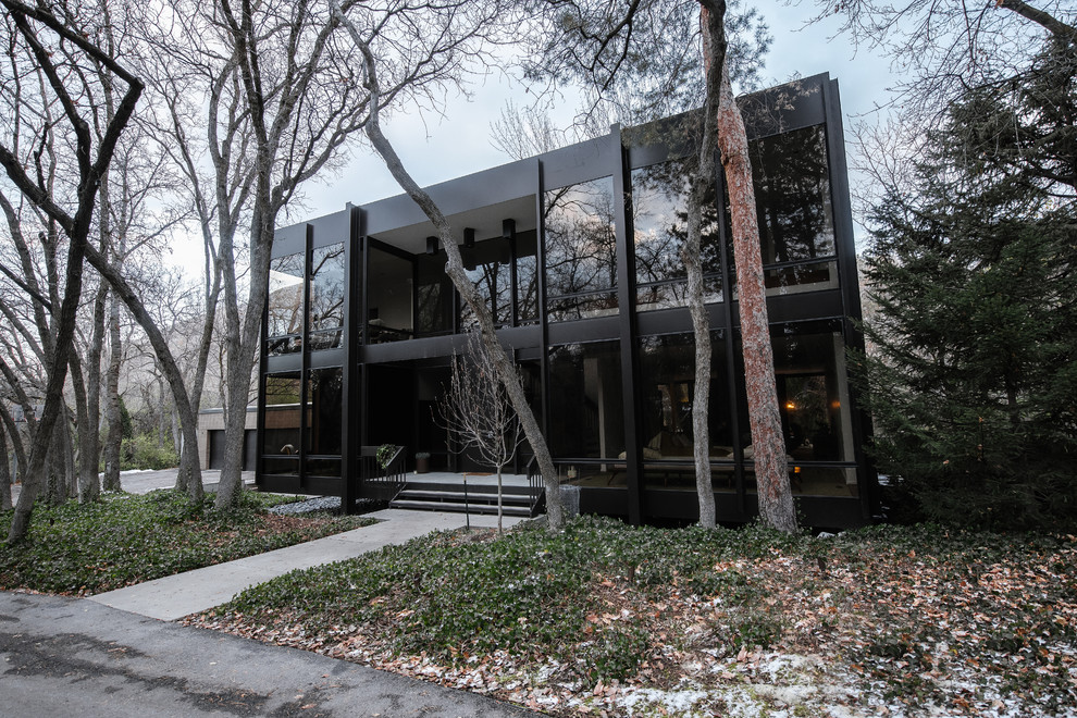 Cette photo montre une grande façade de maison noire tendance en verre à un étage avec un toit plat.