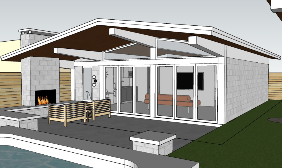 Источник вдохновения для домашнего уюта: маленький, одноэтажный, серый дом в стиле ретро с облицовкой из бетона, двускатной крышей и металлической крышей для на участке и в саду