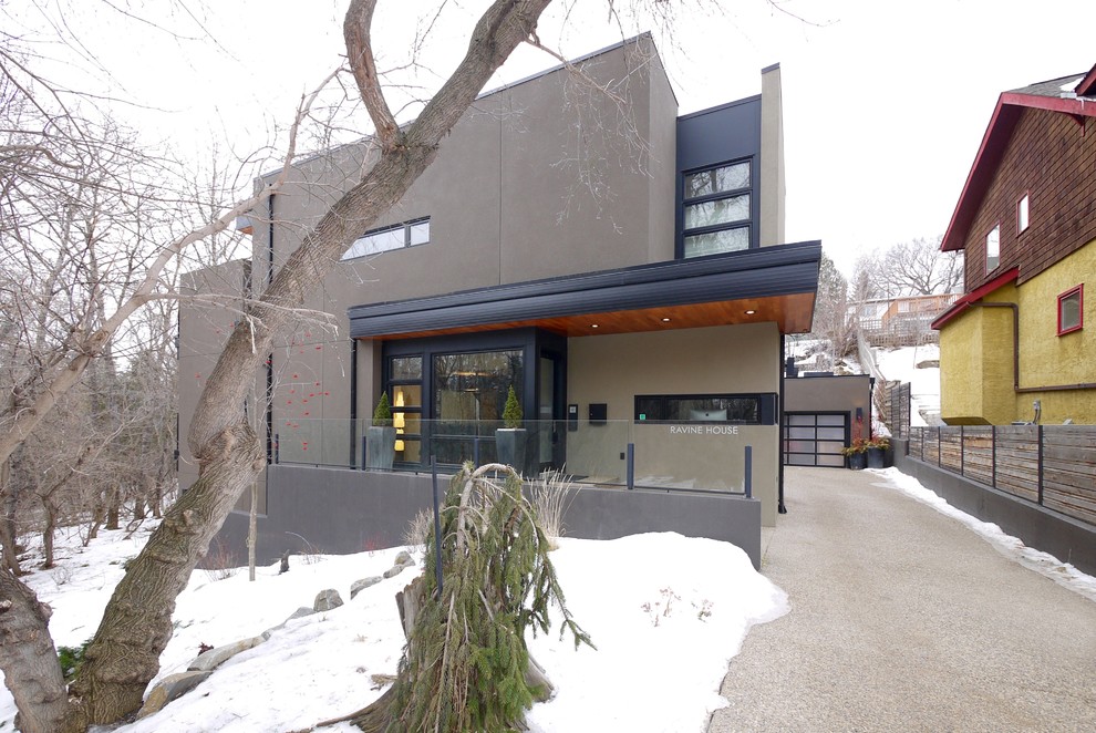 Cette photo montre une façade de maison grise tendance en stuc de taille moyenne et à un étage avec un toit plat.