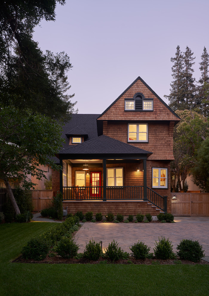 Inspiration for a mid-sized timeless brown two-story wood exterior home remodel in San Francisco with a shingle roof