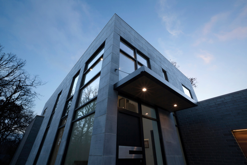Exemple d'une façade de maison grise moderne en béton de taille moyenne et à un étage avec un toit plat.