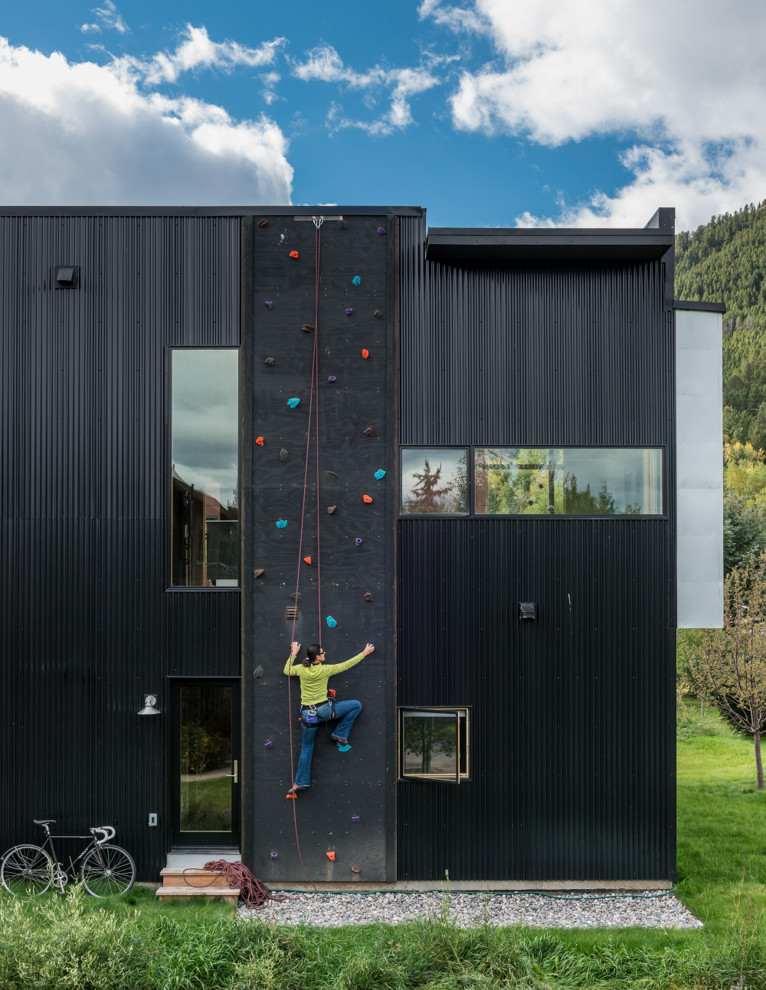 Idee per la facciata di una casa nera contemporanea a due piani con tetto piano
