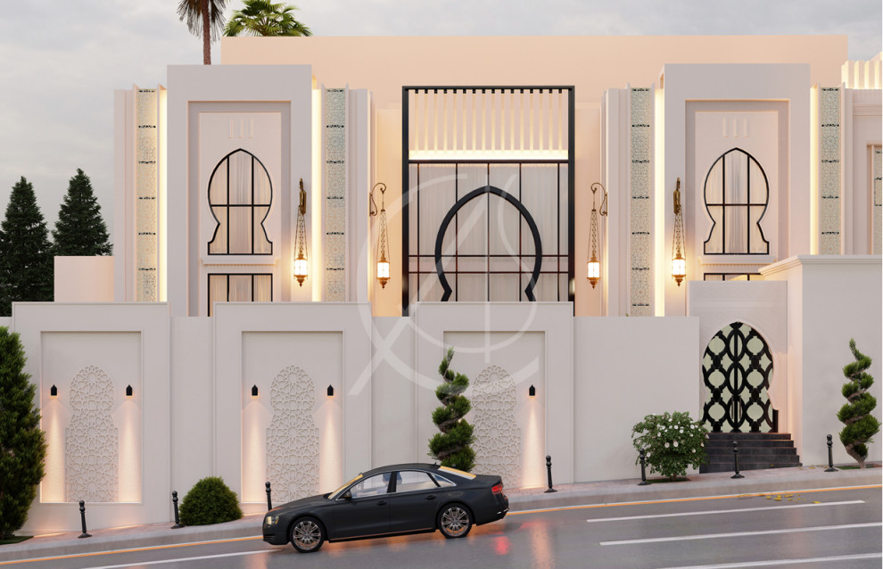 Modelo de fachada de casa blanca moderna grande de tres plantas con revestimiento de estuco y tejado plano