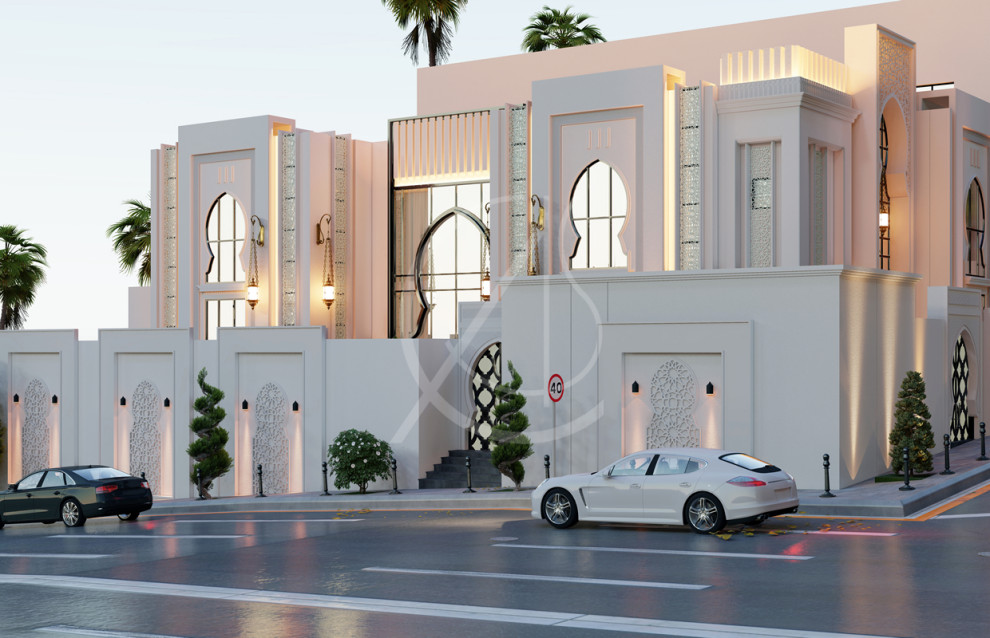 Идея дизайна: большой, трехэтажный, белый частный загородный дом в стиле модернизм с облицовкой из цементной штукатурки и плоской крышей