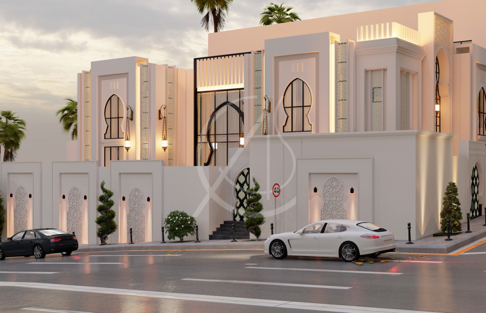 Cette image montre une grande façade de maison blanche minimaliste en stuc à deux étages et plus avec un toit plat.