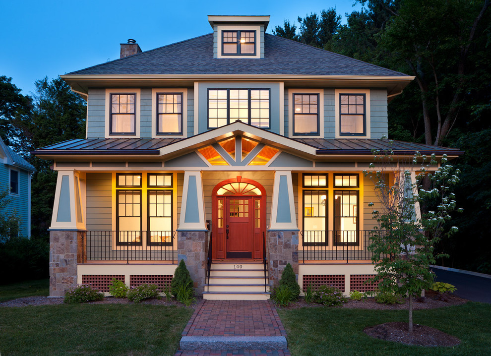 Inspiration for a craftsman exterior home remodel in Boston with a hip roof