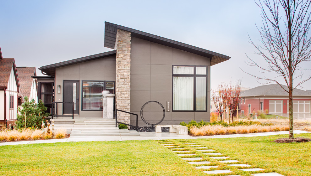 Idées déco pour une façade de maison grise contemporaine en béton de taille moyenne et de plain-pied avec un toit en appentis.