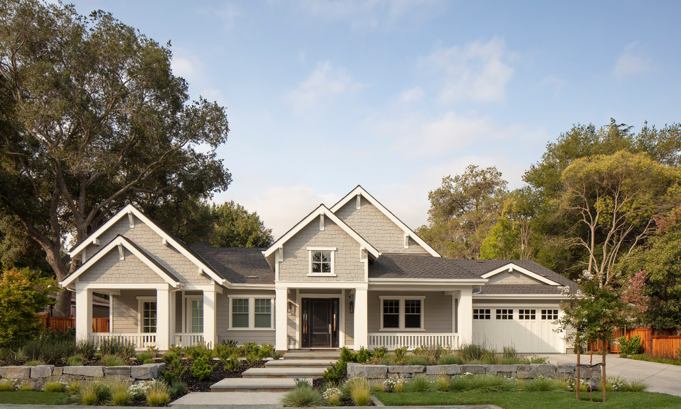 Mid-sized elegant gray one-story mixed siding exterior home photo in San Francisco with a shingle roof