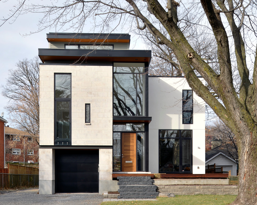 Cette image montre une façade de maison blanche minimaliste avec un toit plat.