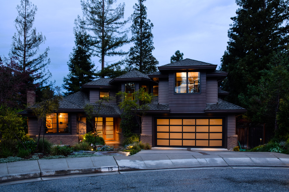 Inspiration for a mid-sized craftsman gray two-story wood house exterior remodel in San Francisco with a hip roof and a shingle roof