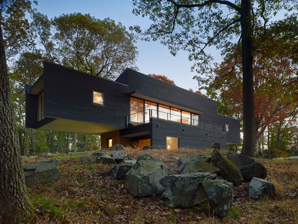 Idées déco pour une façade de maison marron contemporaine en bois de taille moyenne et à un étage.