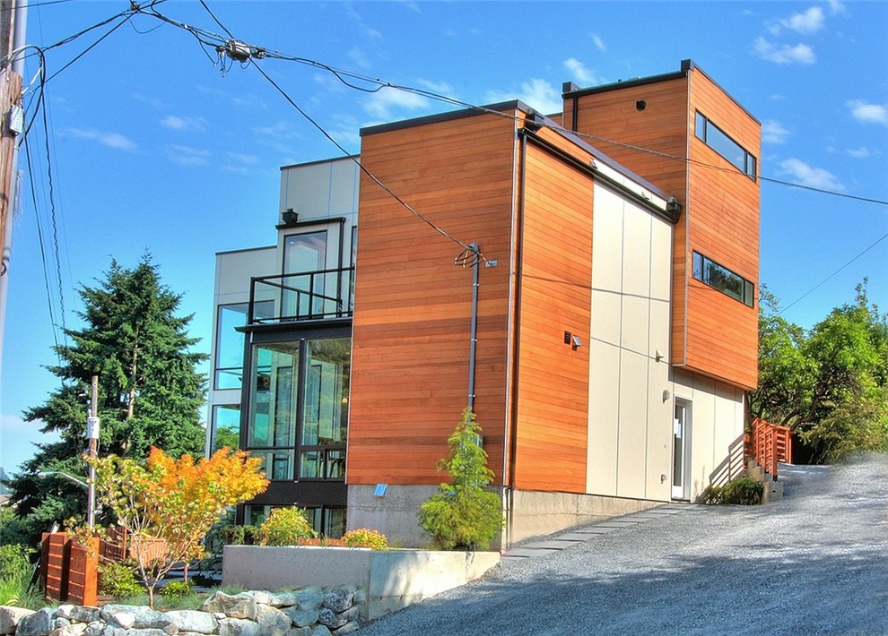 This is an example of a modern house exterior in Seattle with wood cladding.