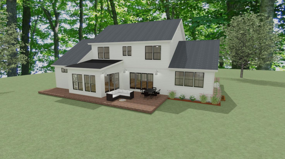 Foto de fachada de casa blanca de estilo de casa de campo de tamaño medio de dos plantas con revestimientos combinados, tejado a dos aguas y tejado de varios materiales