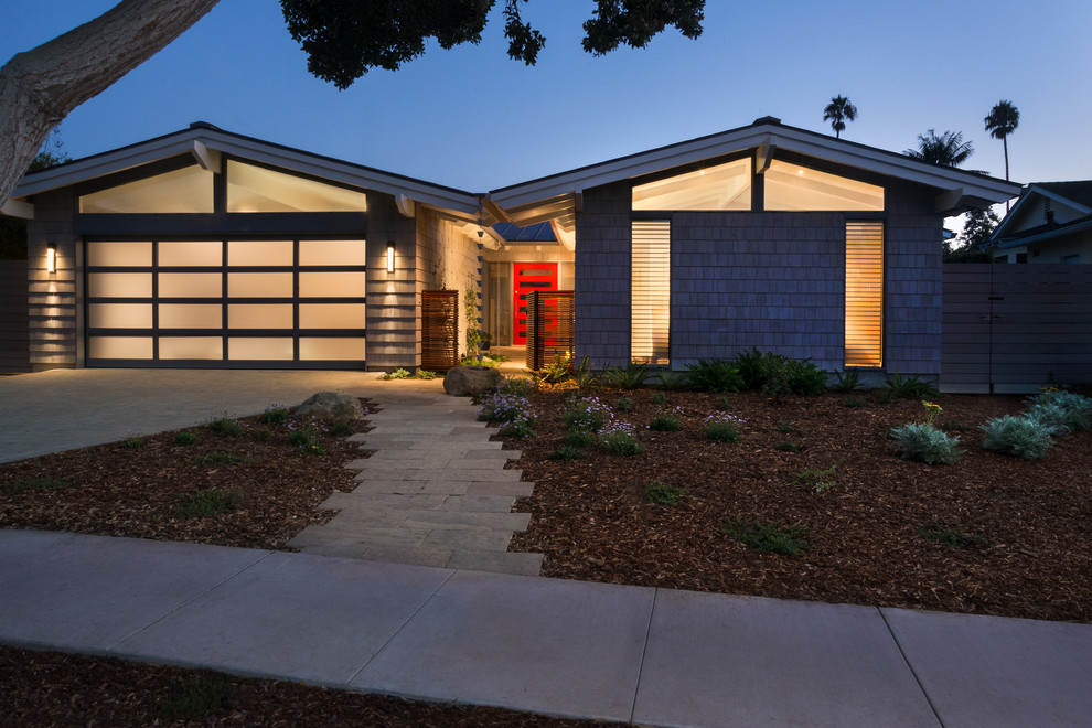 Inspiration for a medium sized and gey modern bungalow house exterior in Santa Barbara with wood cladding and a pitched roof.