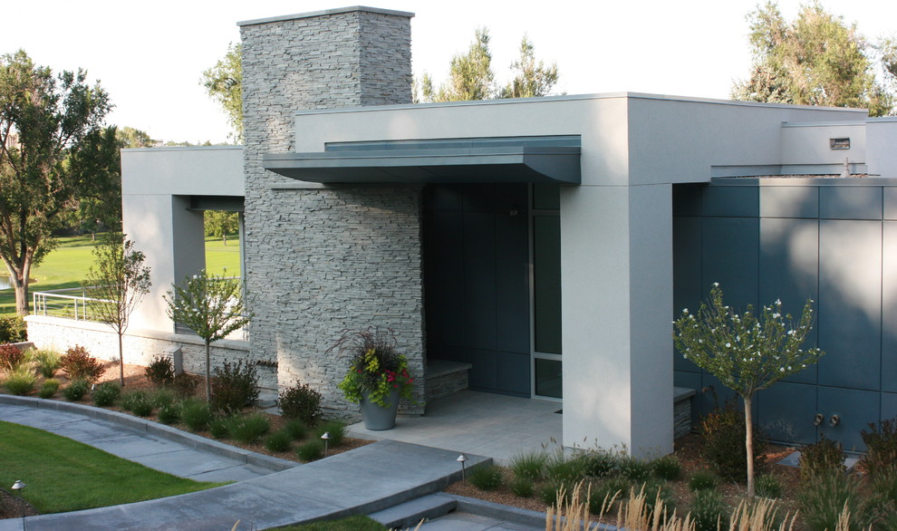 Идея дизайна: большой, двухэтажный, серый дом в стиле модернизм с комбинированной облицовкой и плоской крышей
