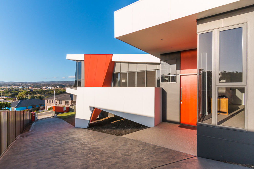 Photo of a modern house exterior in Hobart with concrete fibreboard cladding.