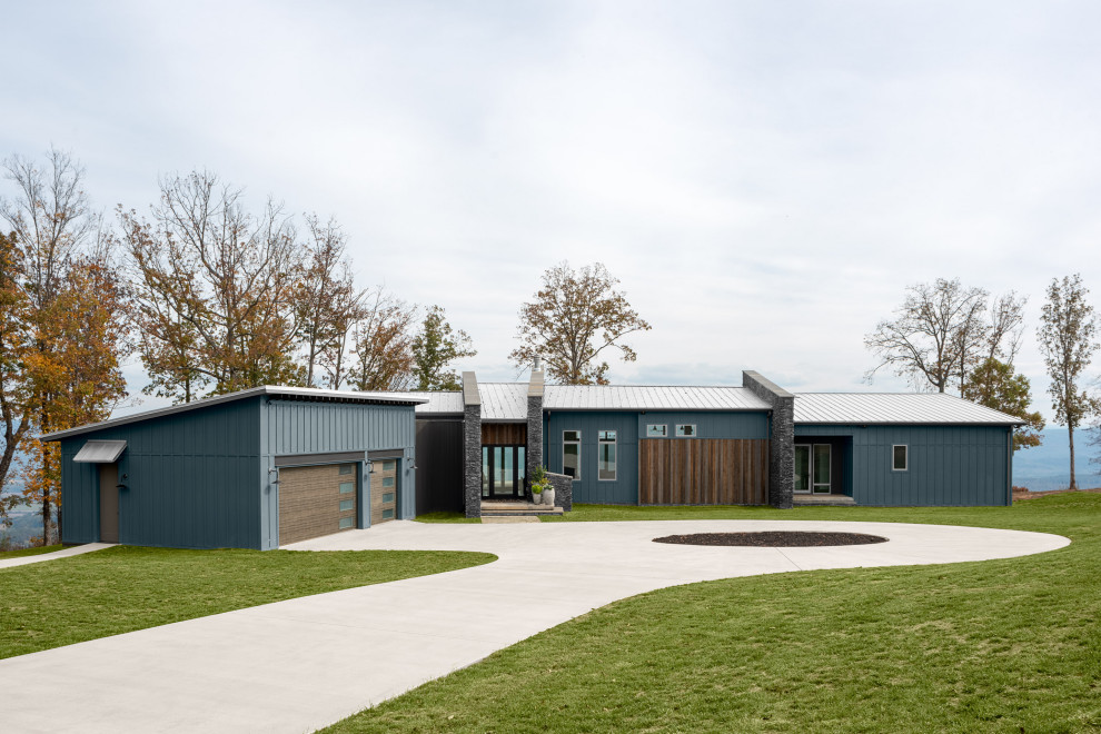 Пример оригинального дизайна: одноэтажный, синий частный загородный дом среднего размера в стиле рустика с облицовкой из ЦСП, односкатной крышей и металлической крышей