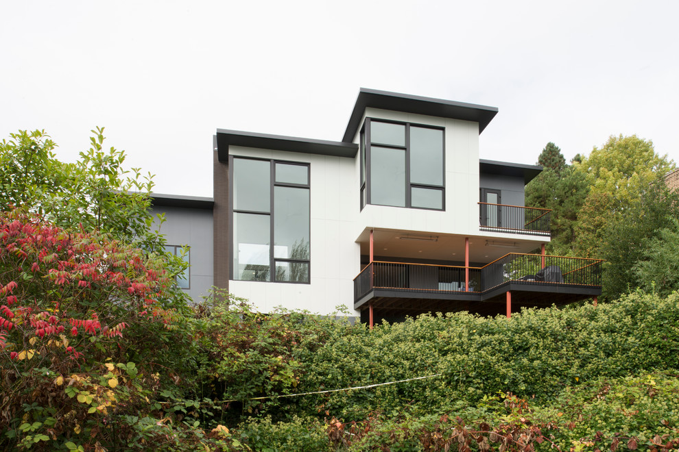 Immagine della casa con tetto a falda unica bianco moderno a tre piani con rivestimento con lastre in cemento
