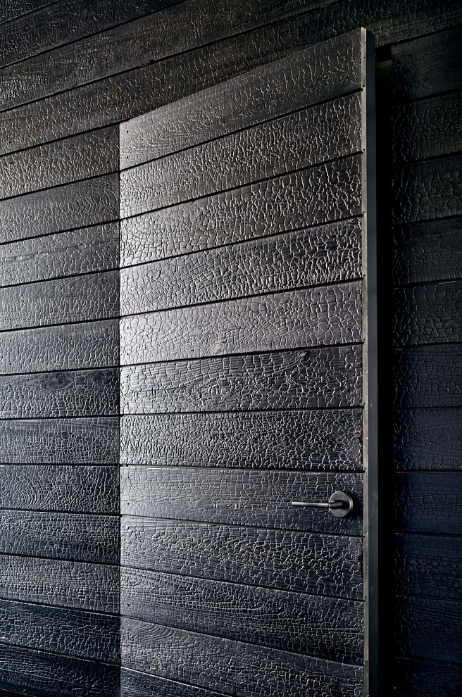This is an example of a black modern detached house in Austin with wood cladding.
