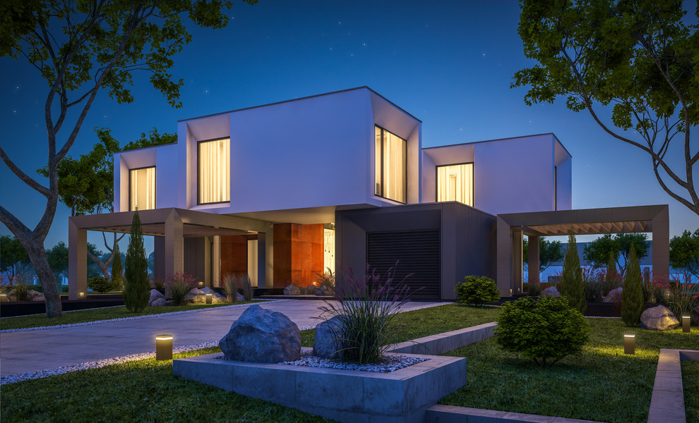 Großes, Zweistöckiges Modernes Einfamilienhaus mit Mix-Fassade, weißer Fassadenfarbe und Flachdach in San Diego