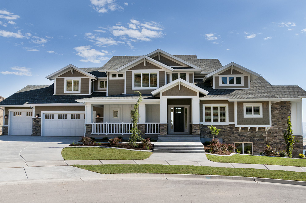 Large craftsman beige two-story concrete fiberboard house exterior idea in Salt Lake City