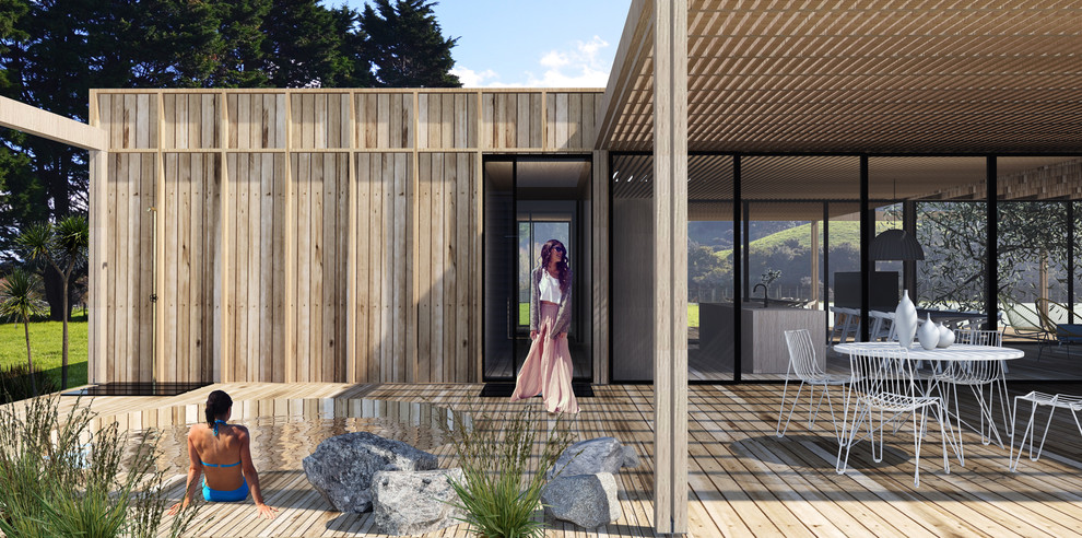 Идея дизайна: маленький, одноэтажный, деревянный, бежевый частный загородный дом в стиле модернизм с плоской крышей и металлической крышей для на участке и в саду