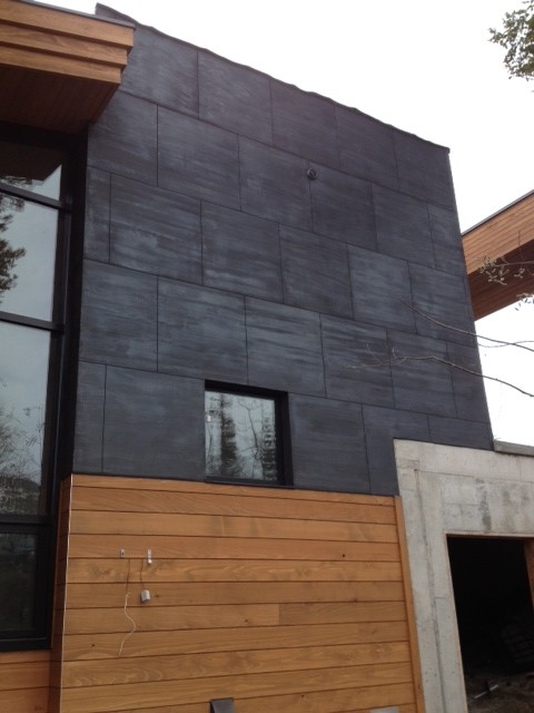 Immagine della facciata di una casa grande grigia moderna con rivestimento in stucco
