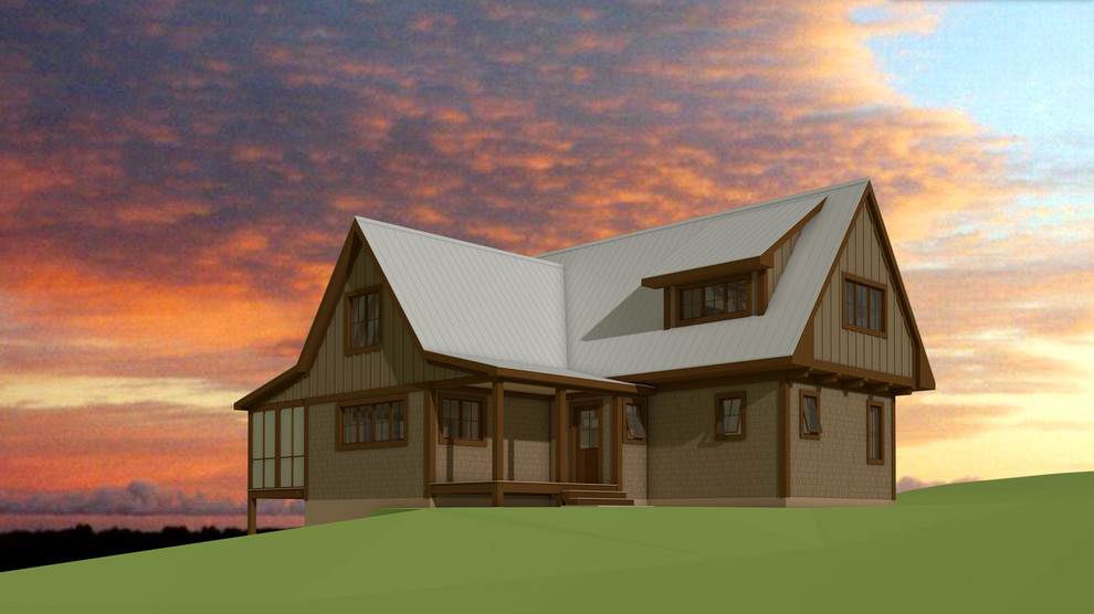 Esempio della facciata di una casa piccola marrone eclettica a due piani con rivestimenti misti e tetto a capanna