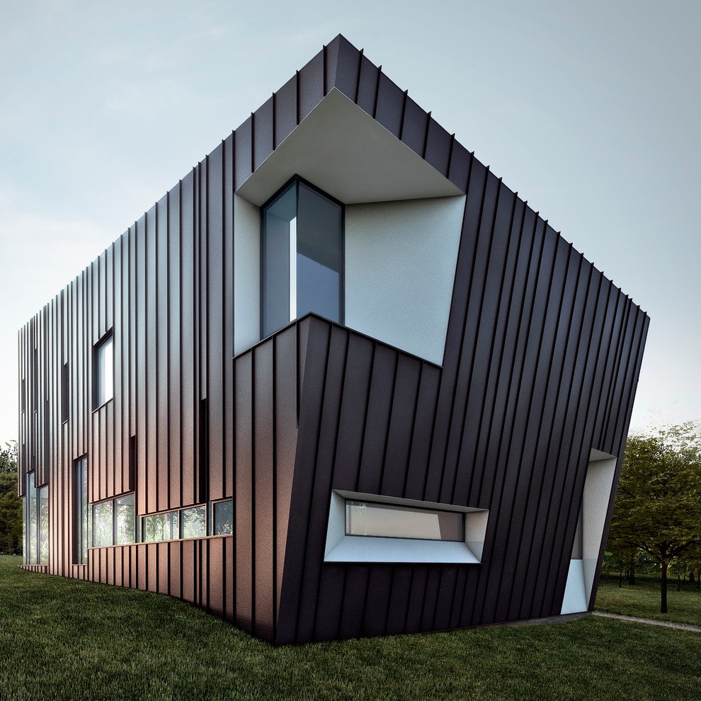 Стильный дизайн: двухэтажный, черный дом среднего размера в стиле модернизм с облицовкой из металла и плоской крышей - последний тренд
