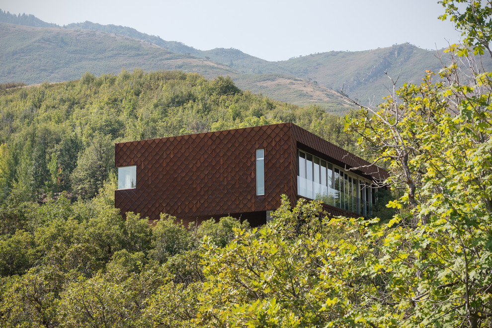 Foto på ett funkis brunt hus, med allt i ett plan, metallfasad och platt tak