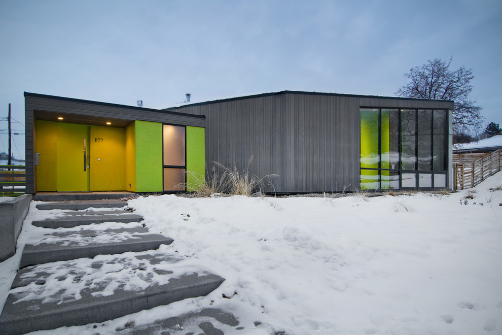Cette image montre une façade de maison grise design de plain-pied.