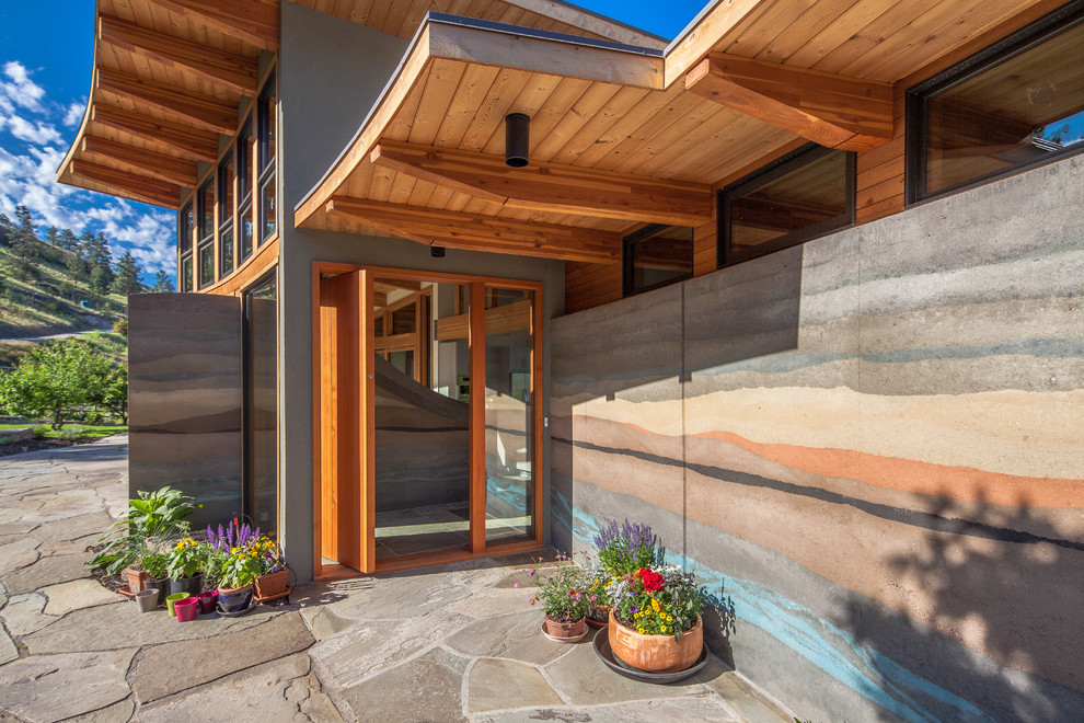 Naramata Bench House Rammed Earth Wall at Entry