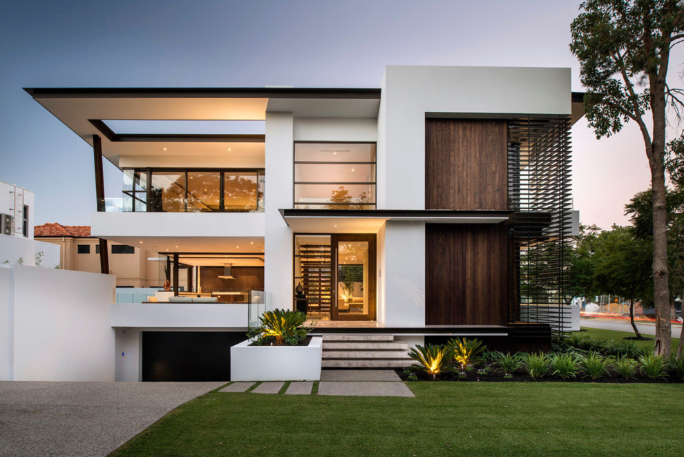 Huge trendy white three-story wood exterior home photo in Perth with a metal roof