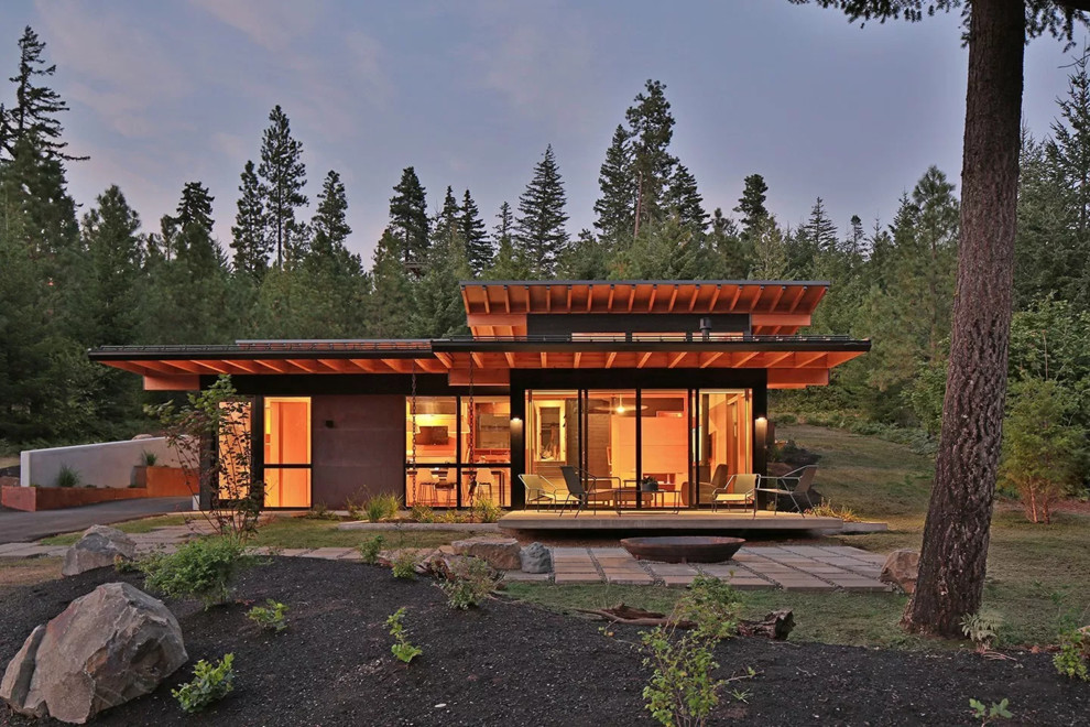 Cette image montre une façade de maison design de taille moyenne et de plain-pied avec un toit en appentis.