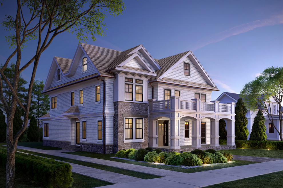 Large traditional three-story wood exterior home idea in New York with a shingle roof