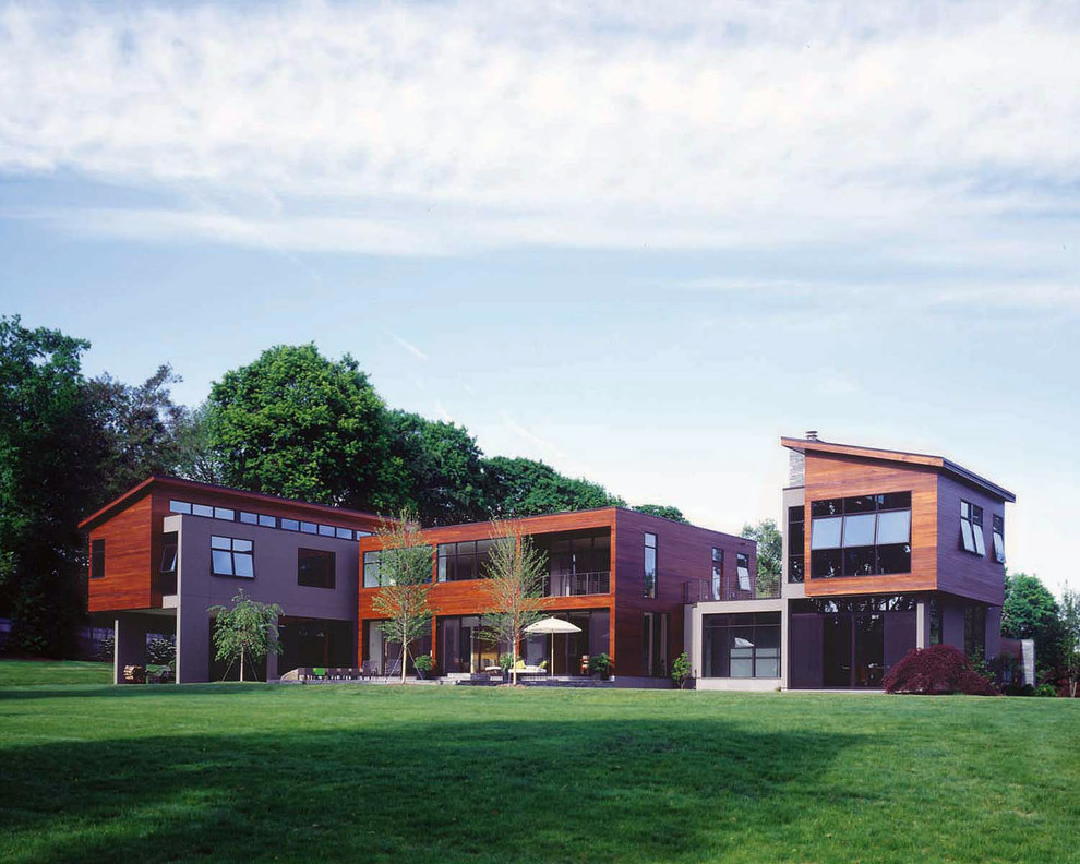 Cette image montre une façade de maison minimaliste en bois.