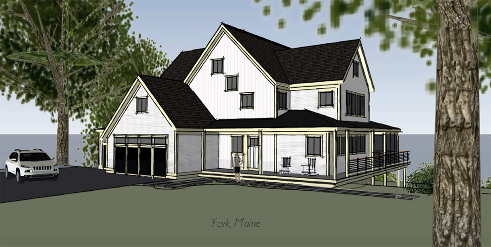 Ispirazione per la facciata di una casa grande bianca classica a tre piani con rivestimento con lastre in cemento e tetto a capanna