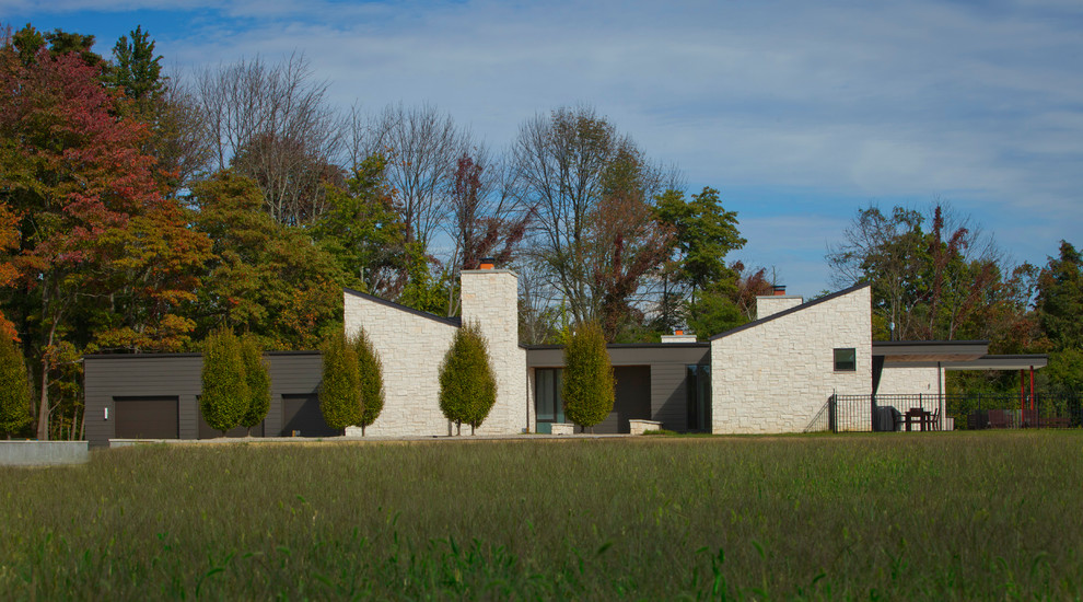 Esempio della casa con tetto a falda unica grigio moderno a un piano con rivestimento in pietra
