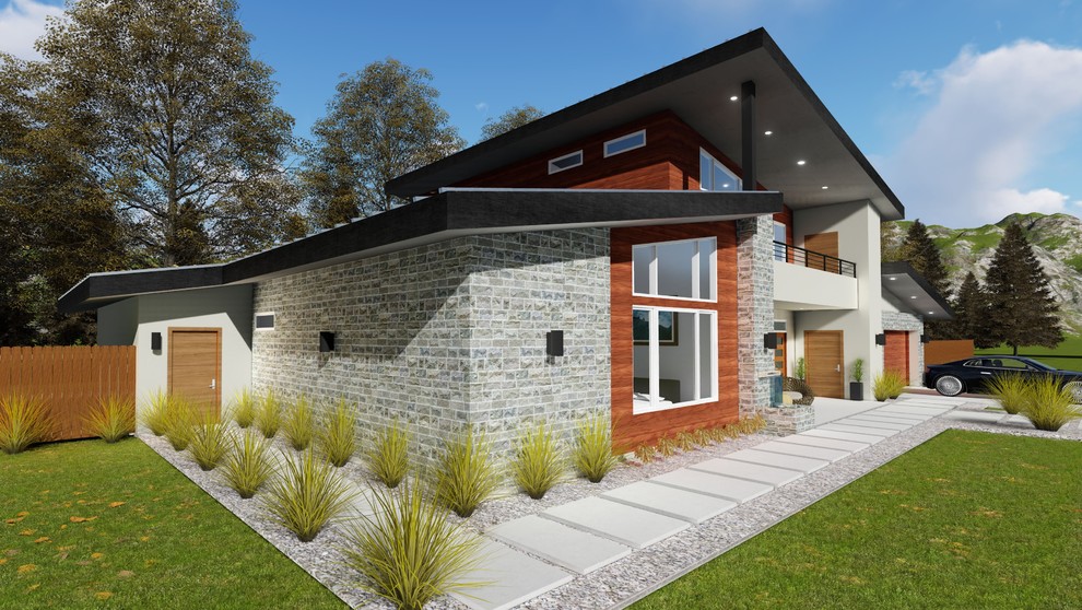 Idées déco pour une façade de maison moderne de taille moyenne et à un étage avec un toit en appentis.