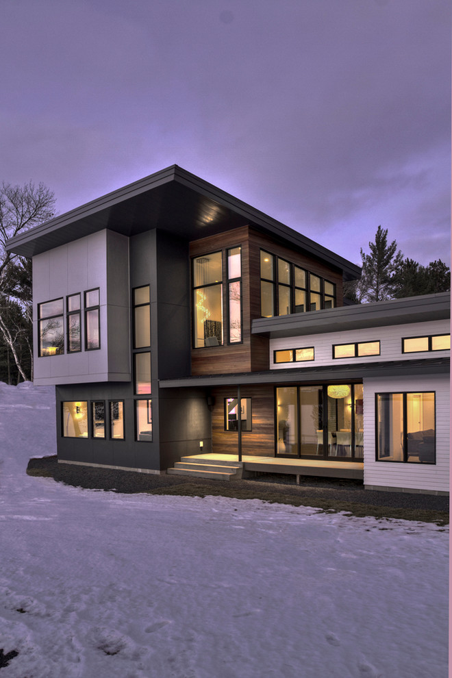 Large modern gray two-story mixed siding exterior home idea in Minneapolis