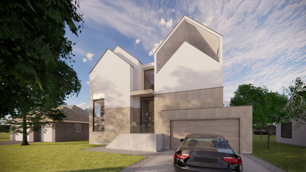 Idées déco pour une grande façade de maison blanche scandinave en brique à un étage avec un toit à deux pans et un toit en shingle.