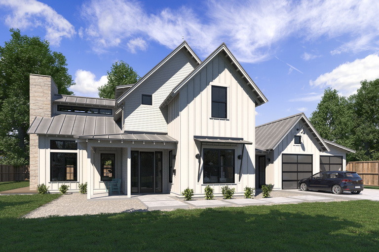 Idées déco pour une façade de maison blanche campagne de taille moyenne et à un étage avec un revêtement mixte, un toit à deux pans et un toit en métal.