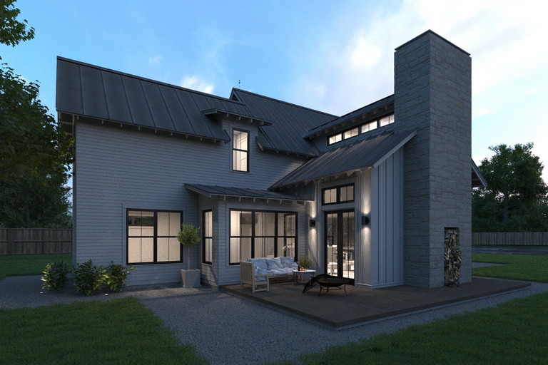 Diseño de fachada de casa blanca de estilo de casa de campo de tamaño medio de dos plantas con revestimientos combinados, tejado a dos aguas y tejado de metal