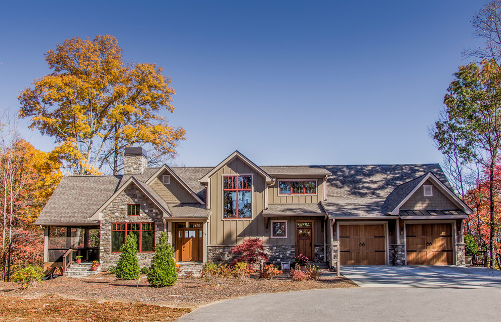 Example of a large mountain style brown two-story mixed siding exterior home design in Other with a shingle roof