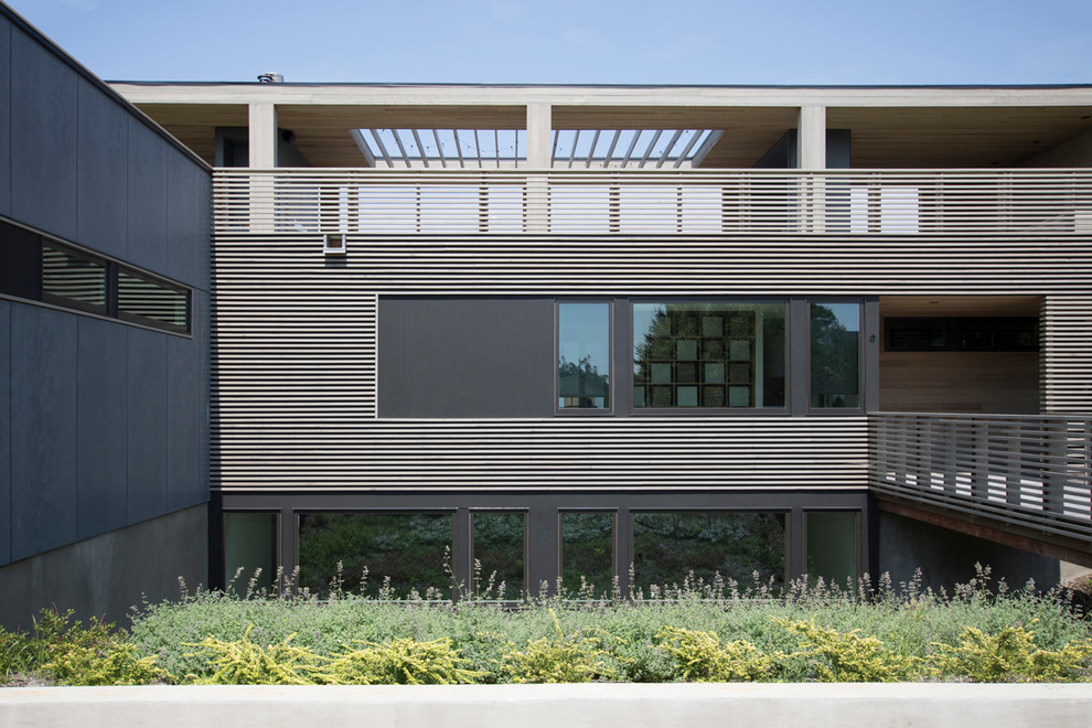 Modelo de fachada de casa multicolor escandinava con revestimientos combinados y tejado plano
