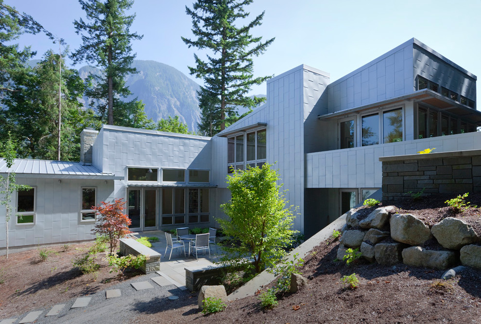 Réalisation d'une façade de maison métallique et grise design à un étage avec un toit en appentis.